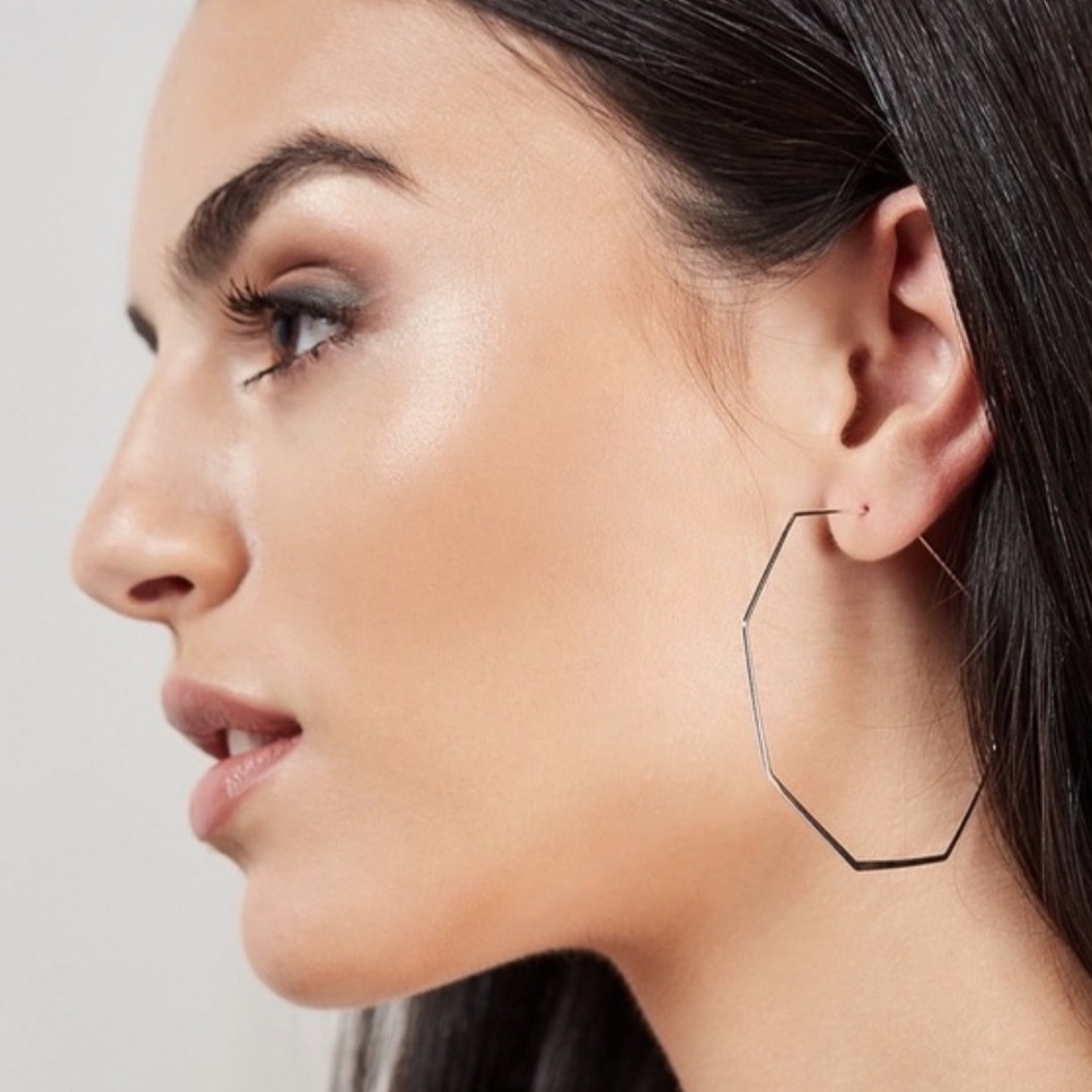 Silver Flat Wire Hexagon Earrings - Picture 2 of 8